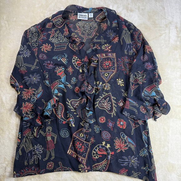 Chico's Design Silk Blouse Top Black Multicolor Print Ruffle V Neck Festival - Picture 1 of 7
